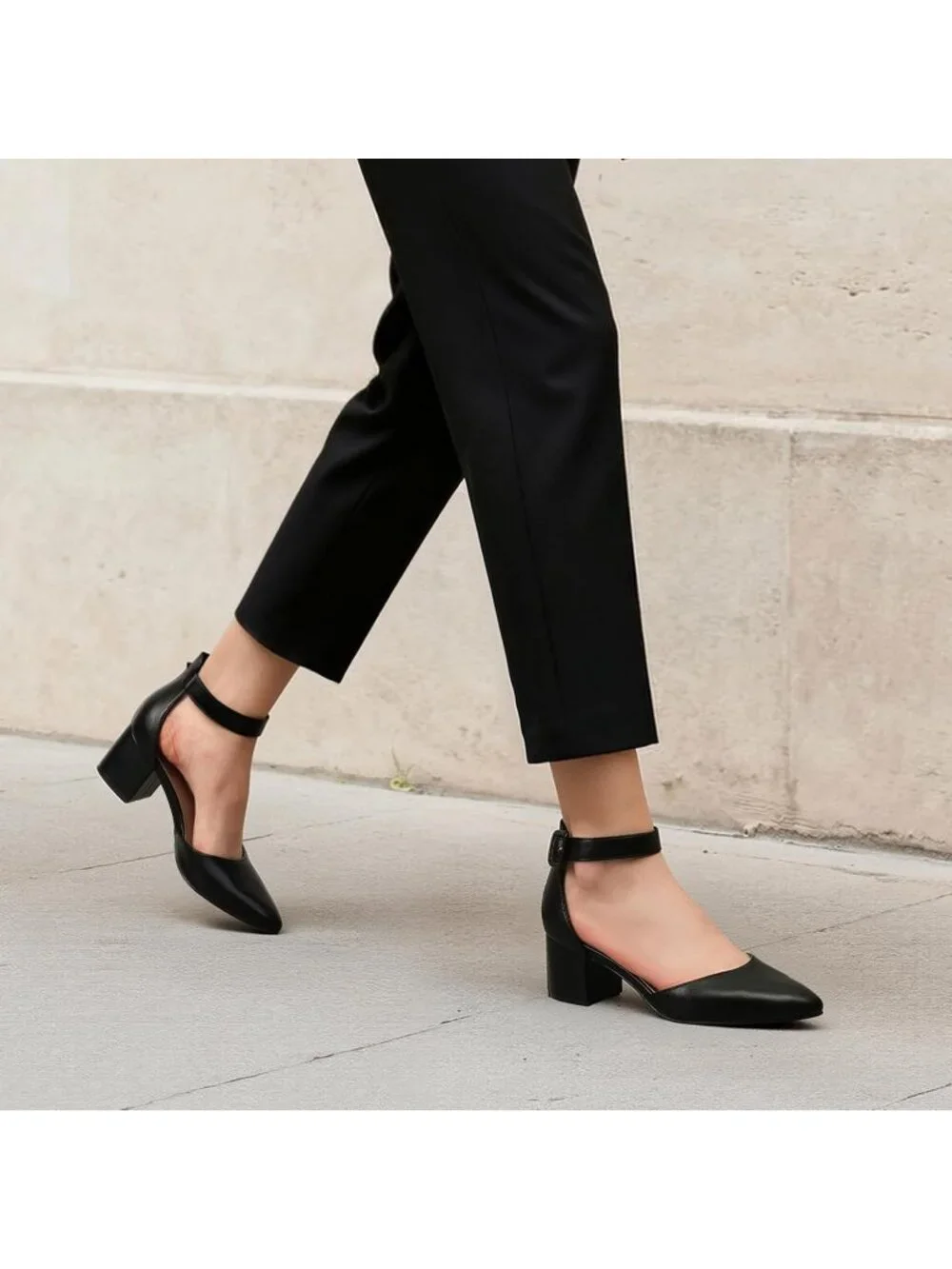 Women's Black Pu ANNEE Closed Toe Low Chunky Block Heels Ankle Strap Pumps Shoes
